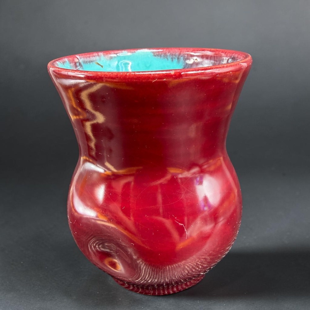 Anton Lang Germany Studio Pottery Vase Oxblood Red Turquoise Teal Glaze 3.5inch